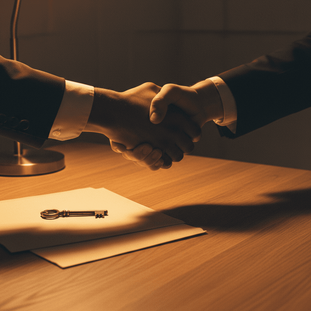 Firm handshake and house key on a desk at closing