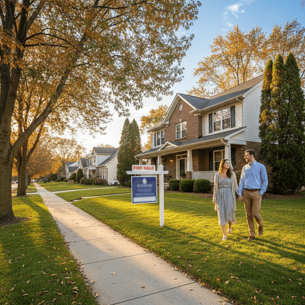 Couple approaching a home for sale in an Ohio neighborhood